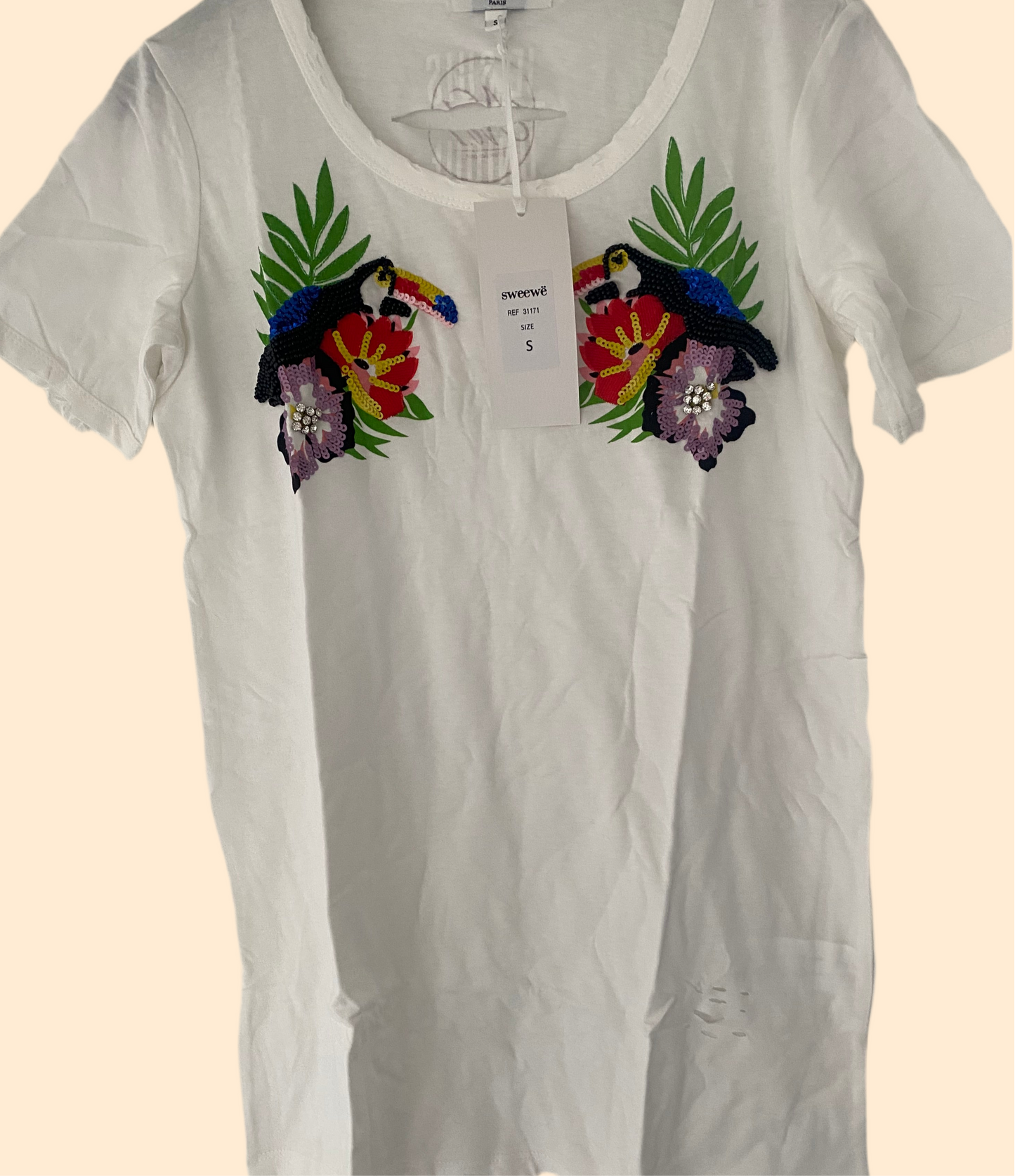 Parrot ripped style diamonte T-shirt