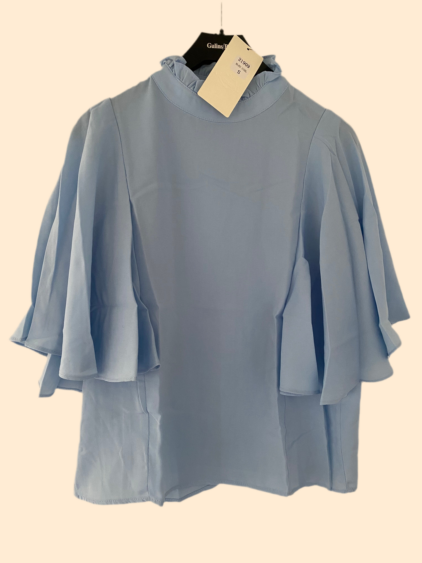 Baby blue flare arm ruffle neck top